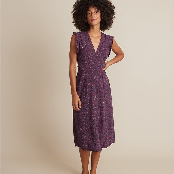 Marine Layer Dresses & Skirts - Marine Layer CAMILA Midi Ruffle Dress Cabernet Floral Button Front Pockets Sz L